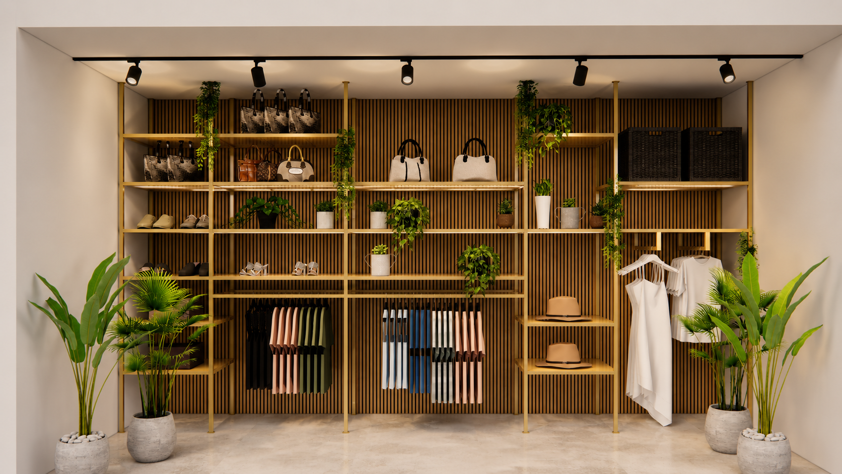 Retail Thomas — brass display shelving against a timber slat wall in a completed retail interior project