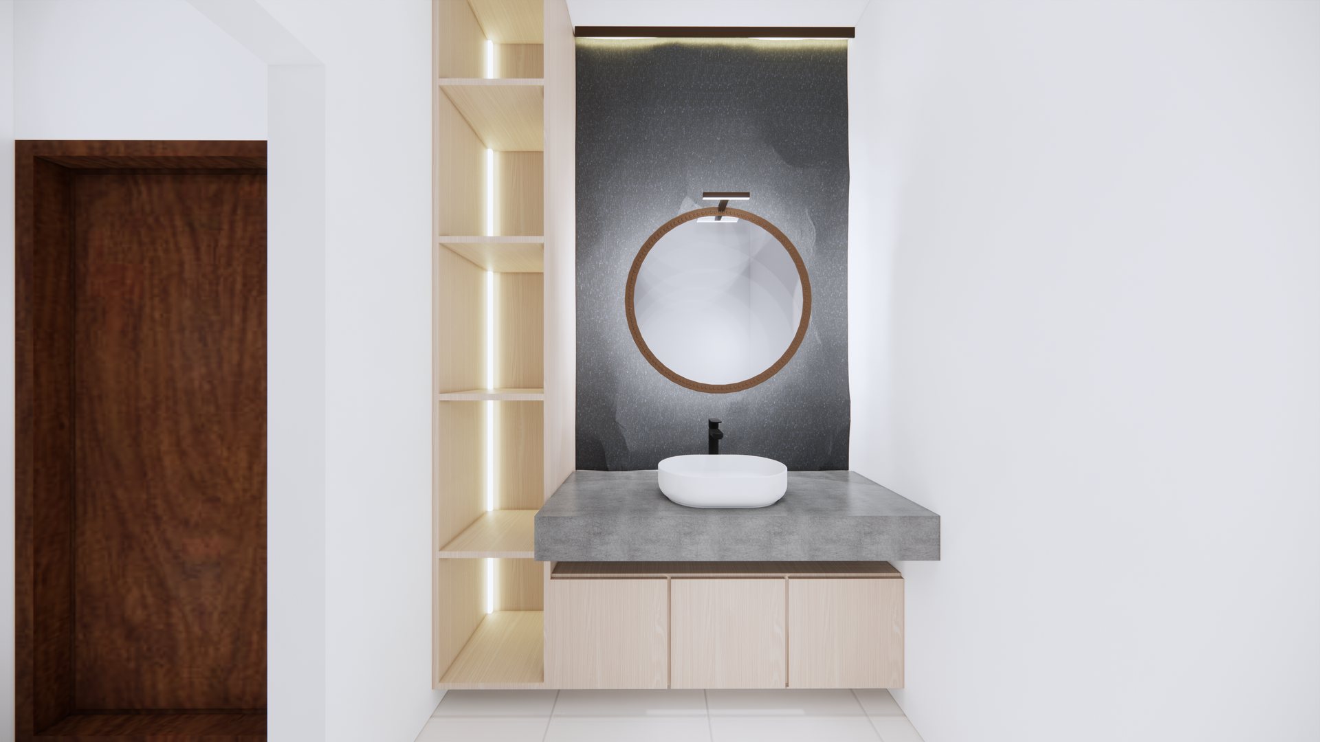 Bathroom with wall-hung timber vanity, vessel basin and lit niche shelving, modelled in 3D