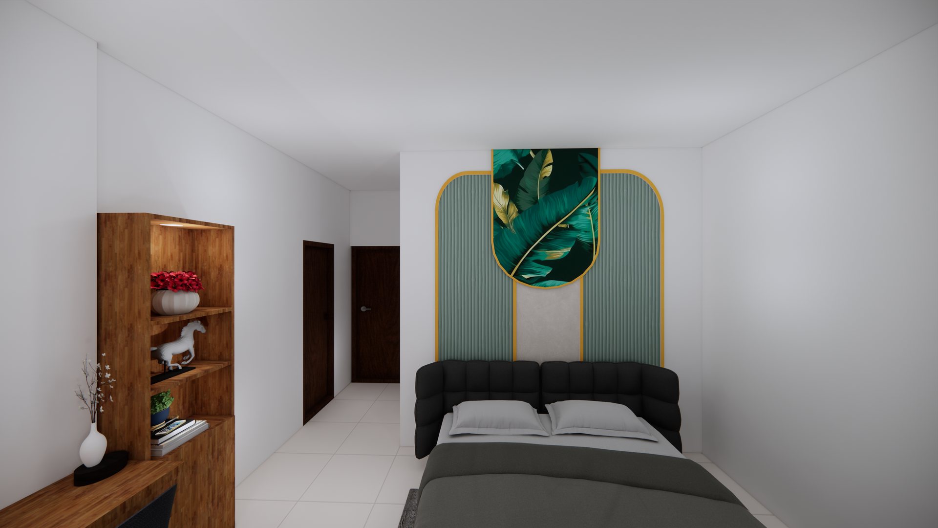 Bedroom with fluted headboard panel, timber shelving and dressing table, modelled in 3D