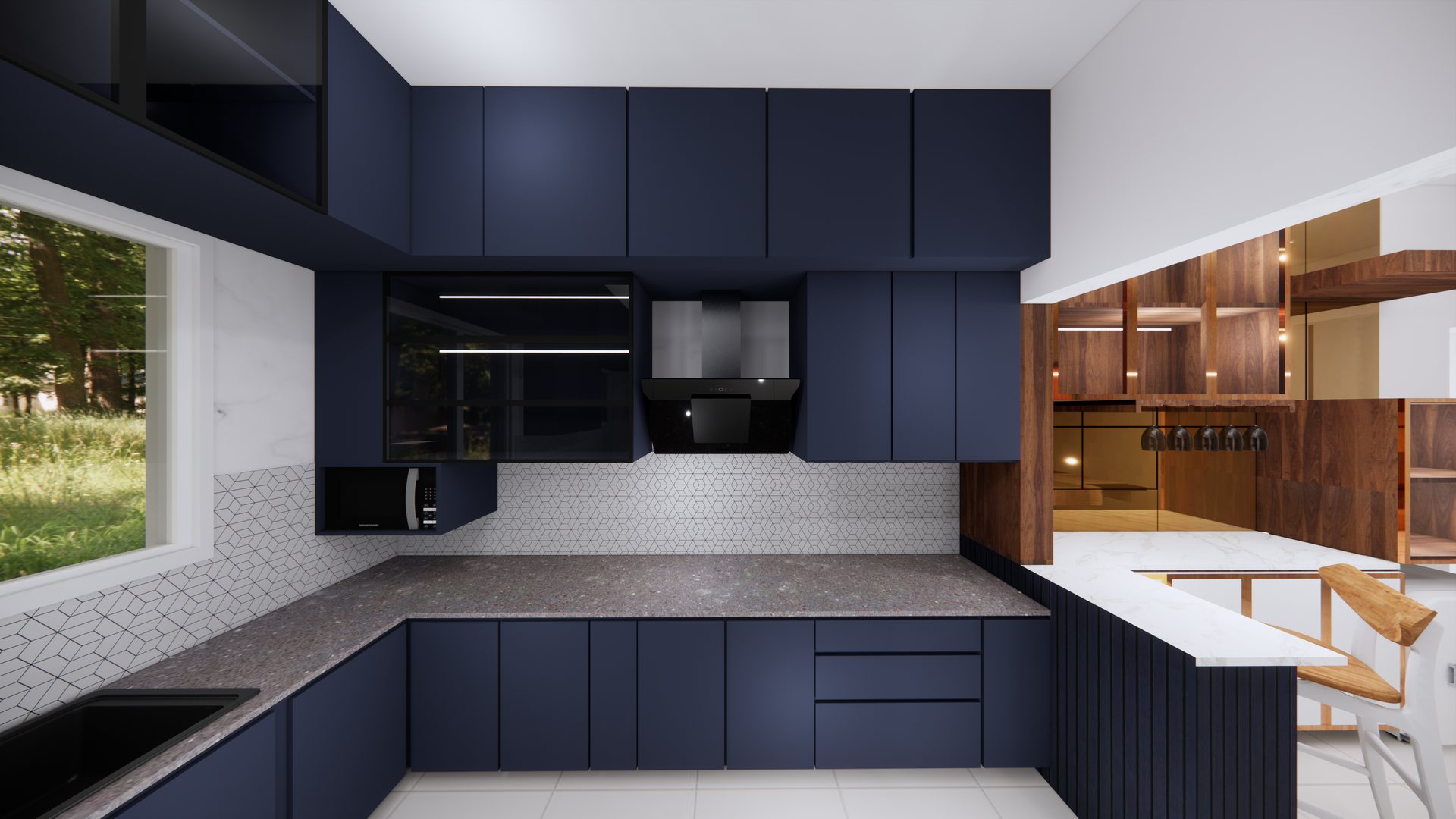 Navy kitchen cabinetry, granite counter and geometric tile backsplash, modelled in 3D