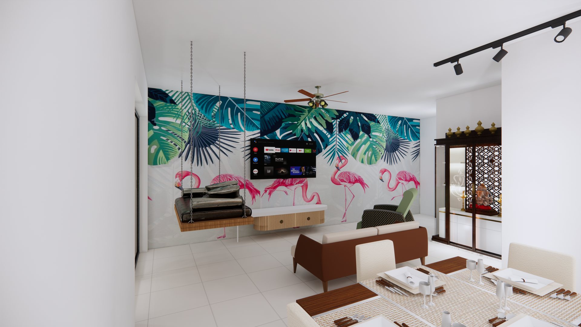 Living and dining space with mural feature wall, swing seat and pooja unit, modelled in 3D