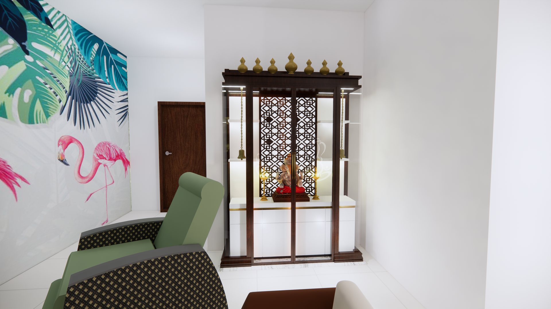 Timber pooja unit with jaali panel, brass finials and backlit shelving, modelled in 3D