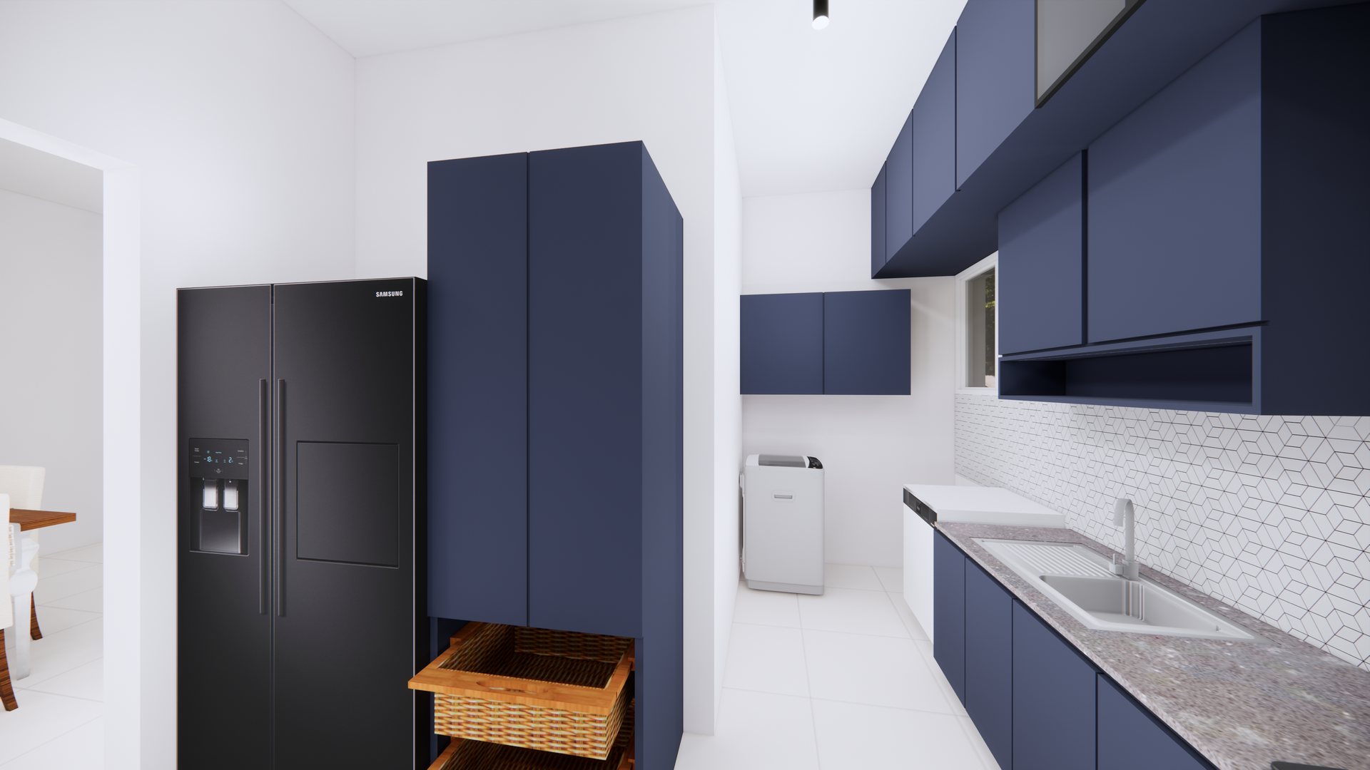 Utility corridor with tall storage unit, washing machine and secondary sink, modelled in 3D