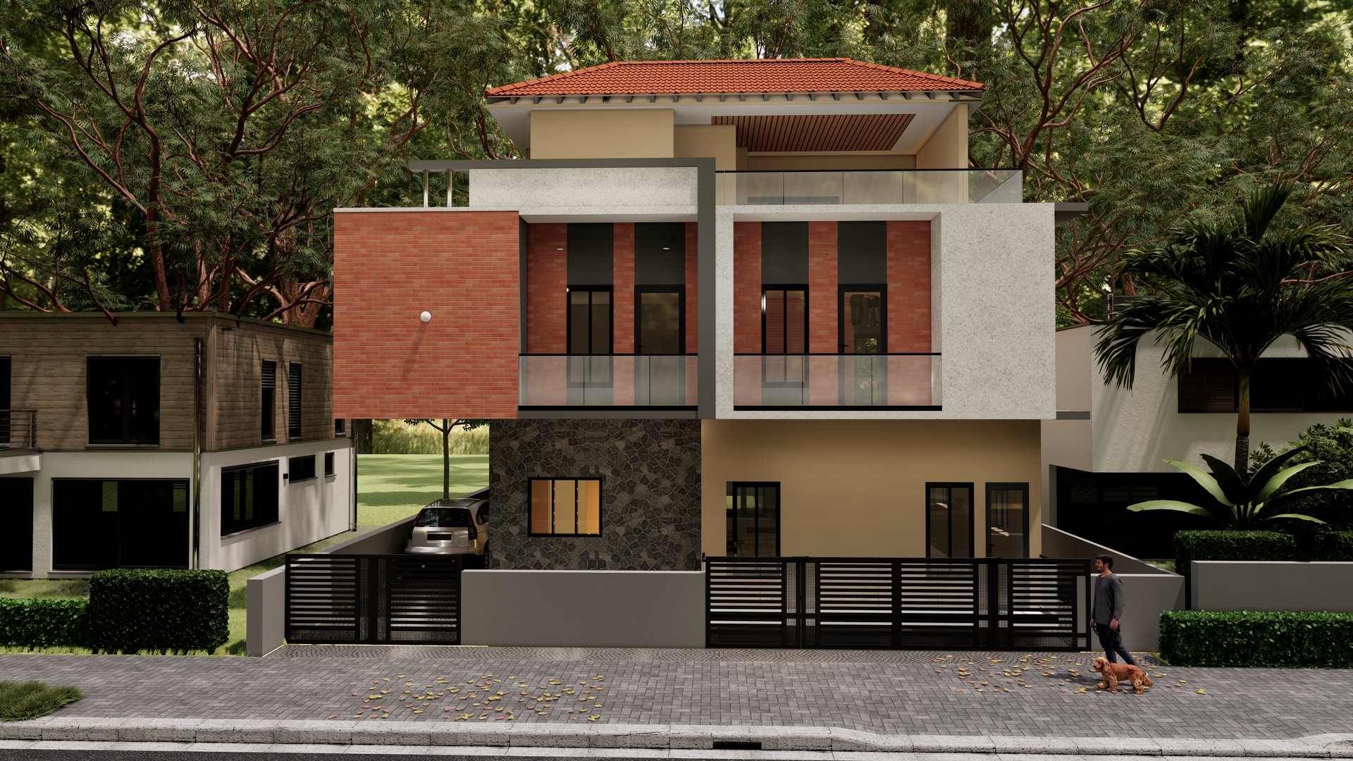 Front elevation of a three-storey house with red brick and stone-clad facade, tiled roof and undercroft carport