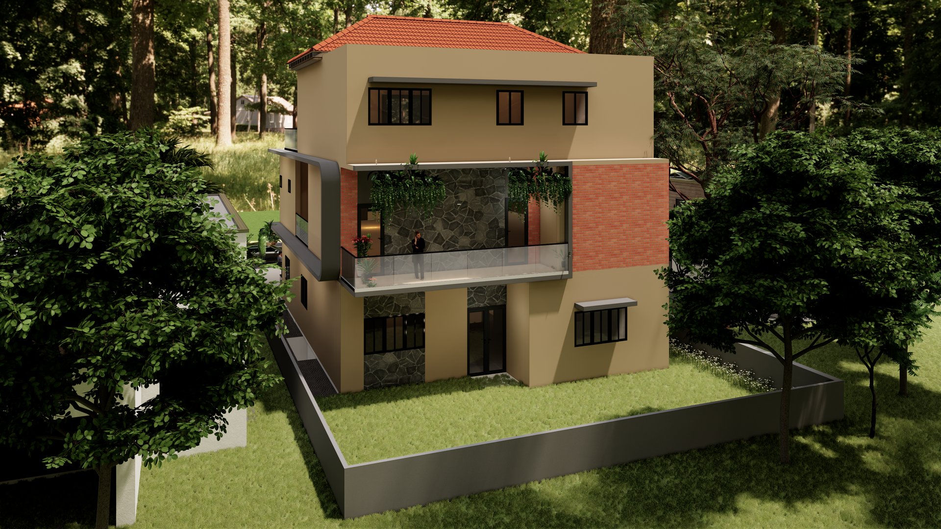 Rear view of the house showing the balcony, stone feature wall and garden