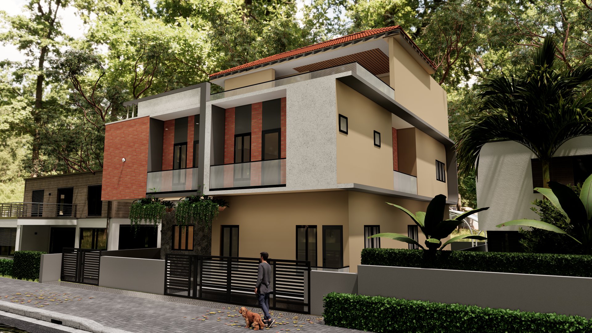 Right-side view of the house showing the cantilevered upper floor and compound wall