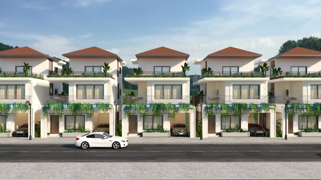 Front elevation study of Triton Humming Valley villas showing the repeated bay rhythm and tiled roofs, 3D render by SH Visual