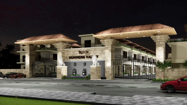 Night view of the illuminated Triton Humming Valley entrance gate and gatehouse, 3D render by SH Visual