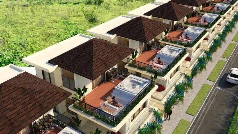 Aerial view of Triton Humming Valley villa terraces with private rooftop jacuzzi decks and pergolas, 3D render by SH Visual